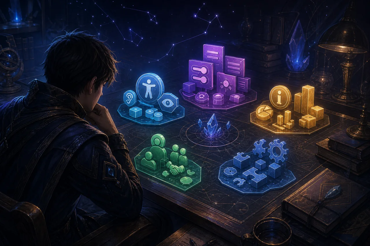 Editorial illustration of a player comparing categories of Dalamud plugins
