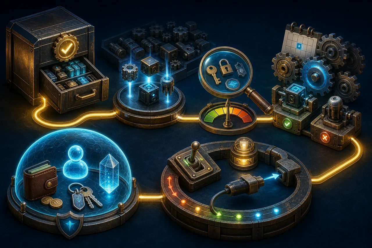 Editorial illustration of a safe Dalamud plugin selection and troubleshooting workflow