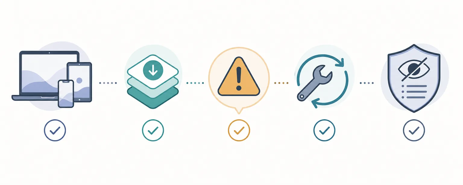 Editorial checklist illustration showing device, download, warning, repair, and privacy cues for a support request