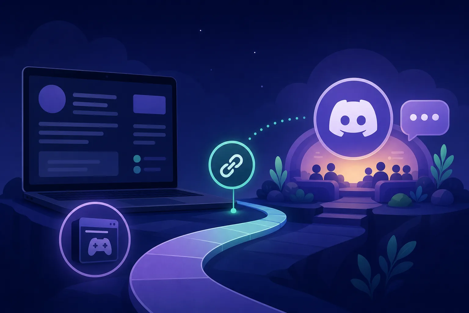 Editorial illustration of a verified source path leading from a game launcher to a Discord support community