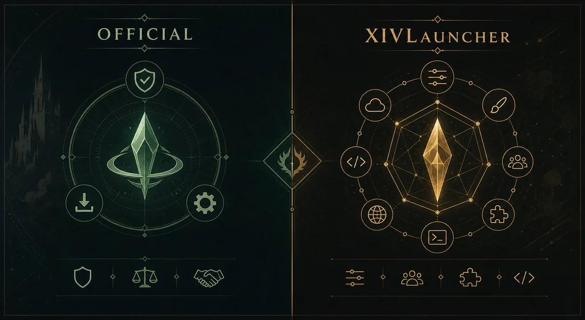 Editorial comparison graphic showing official FF14 launcher and XIVLauncher choices