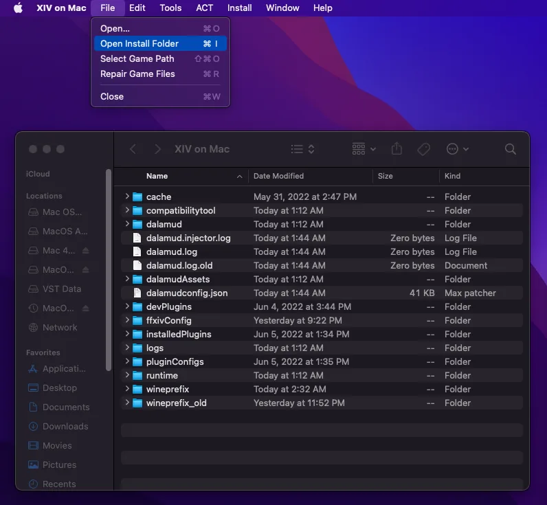 Official XIV on Mac Open Install Folder view with Dalamud, logs, runtime, and Wine prefix folders