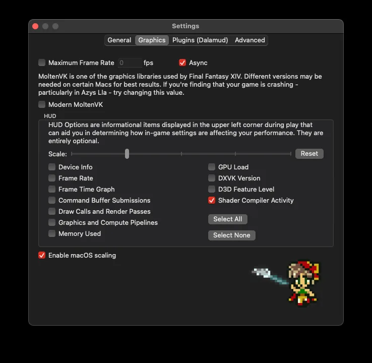 Official XIV on Mac settings window showing graphics and Dalamud options