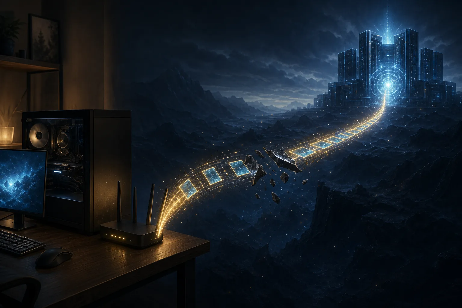 Editorial illustration of an interrupted patch download path between a gaming PC and an update server