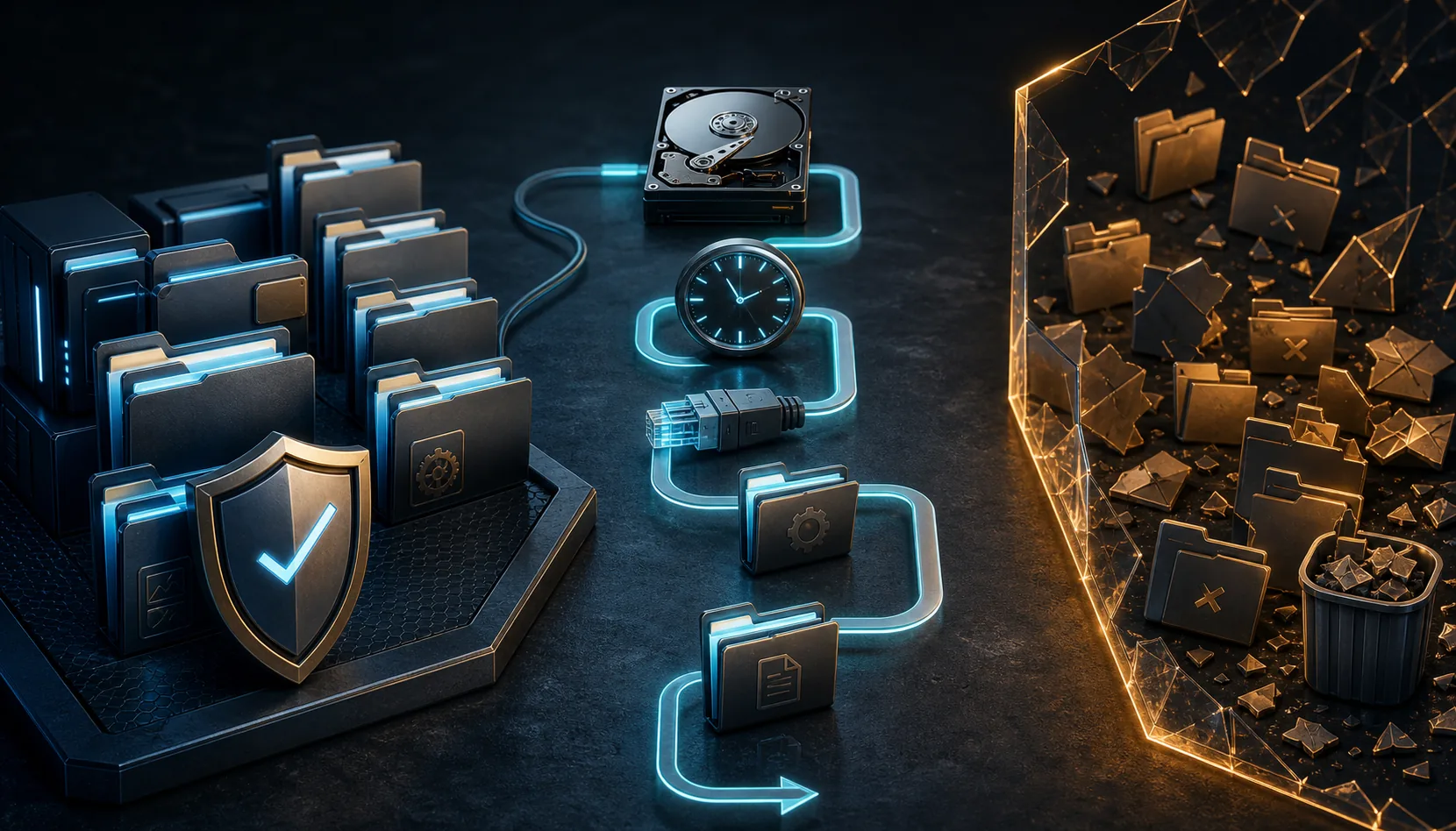 Editorial illustration comparing protected game folders with unsafe random file deletion