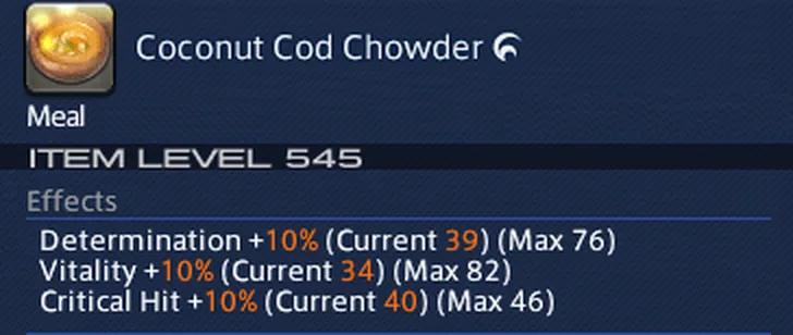 Official Simple Tweaks food tooltip preview with current and maximum FFXIV stats