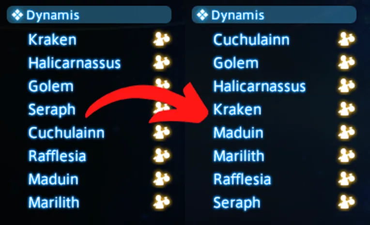 Official Simple Tweaks preview showing an FFXIV world list before and after sorting